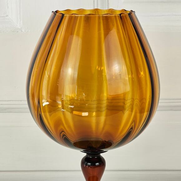 Vintage 1960s MCM Mid century amber brown glass pedestal bowl vase 5 x 12 - Picture 13 of 16